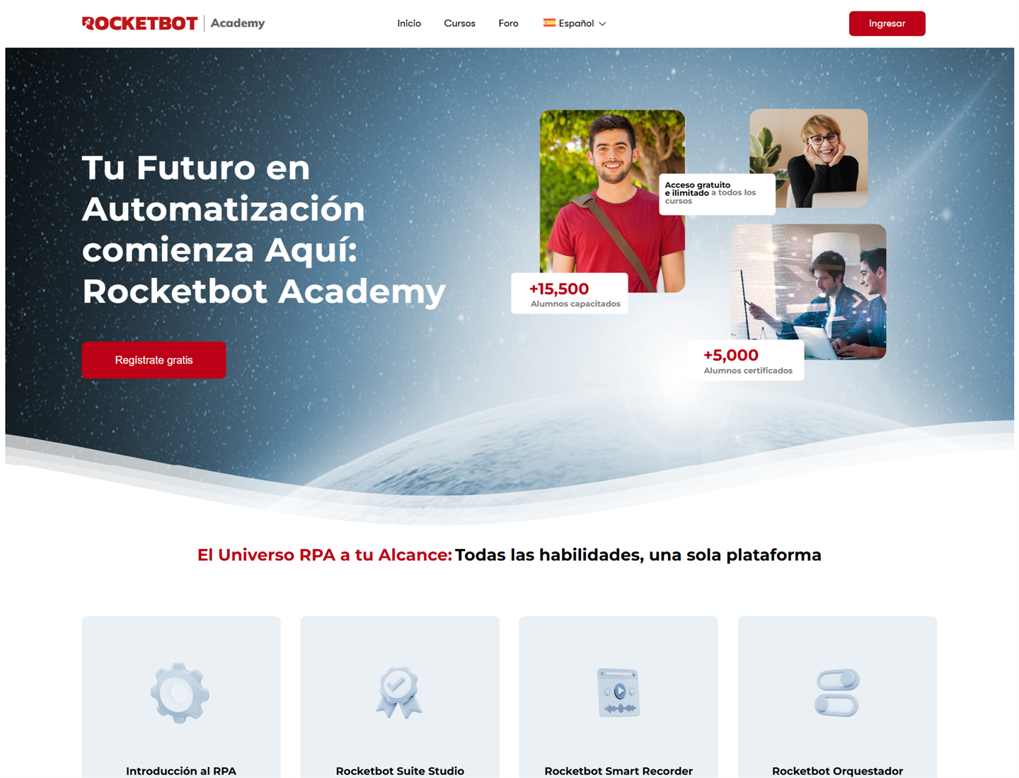 Vista previa del sitio e-learning de Rocketbot Academy desarrollado por Planbox